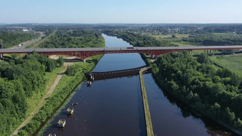 Drone Flying above River Lock Highway Bridge