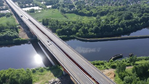 Highway Bridge Moving Vehicles over Wide River