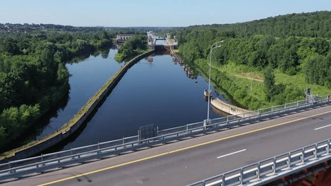 Drone Flying above Water Lock Canal Walls