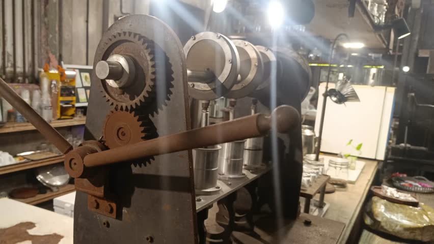 An industrial-era machine stands as a monument to inventive engineering. Its weathered surface and prominent gears tell stories of a bygone era,