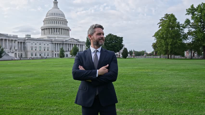 Politician election campaign. Successful career in USA. Leadership and success. Successful political leader. Businessman front of US Capitol. Businessman in Washington DC. Politician at Capitol