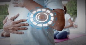 Mature man placing hand on chest, breathing on guide cue, HUD animating over chest for wellness. Group, outdoor, meditation, breathwork, wellbeing, overlay, augmented - Powered by Shutterstock - Get 15% off with code: PIKWIZARD15