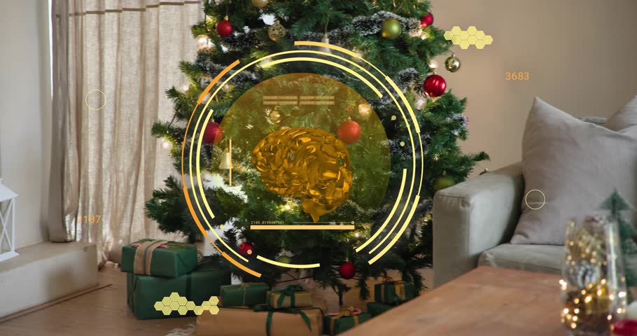 HUD fading in golden brain pulsing rings rotating widgets updating showing data over Christmas tree. Holographic, interface, neural, cortex, evergreen, ornamented, presents
