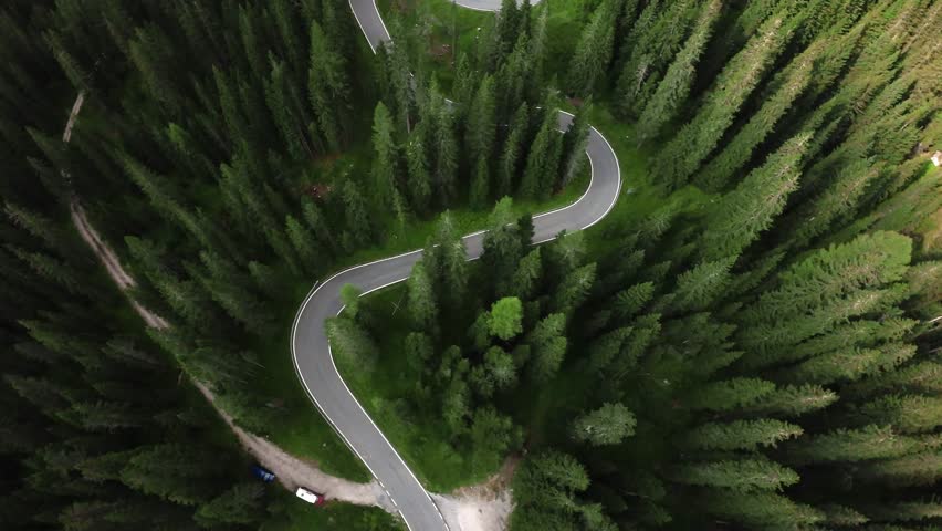 mountain route panorama, cinematic symmetrical shot of winding mountain path among pines, elevated perspective capturing circular mountain road lined with tall pine trees and serene