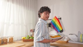Asian transgender woman and her male partner eating breakfast in house. Attractive loving LGBTQ couple spending free leisure time together, dating and enjoying daily life in cozy kitchen at home. - Powered by Shutterstock - Get 15% off with code: PIKWIZARD15