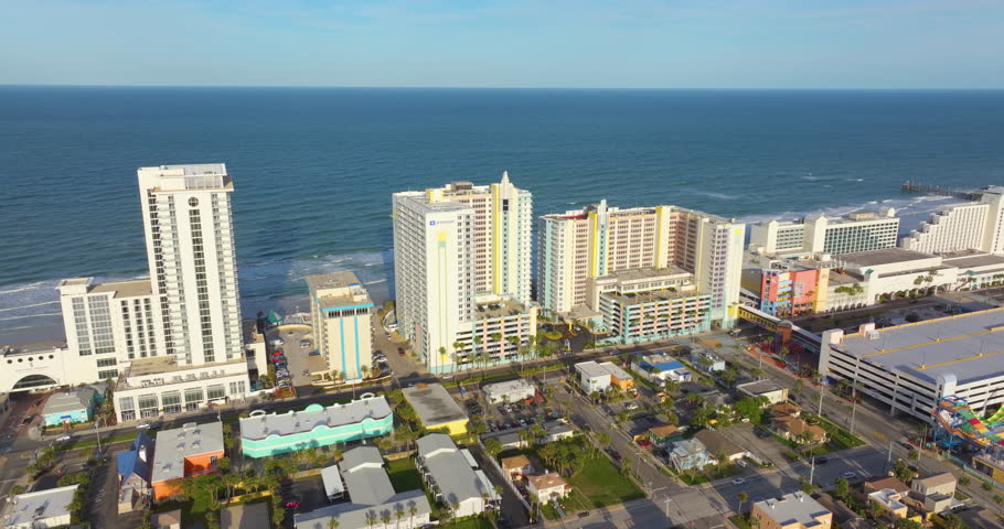 Coastal architecture in Daytona Beach, Florida. Luxury hotels and condos line the beach in this famous southern American travel destination.