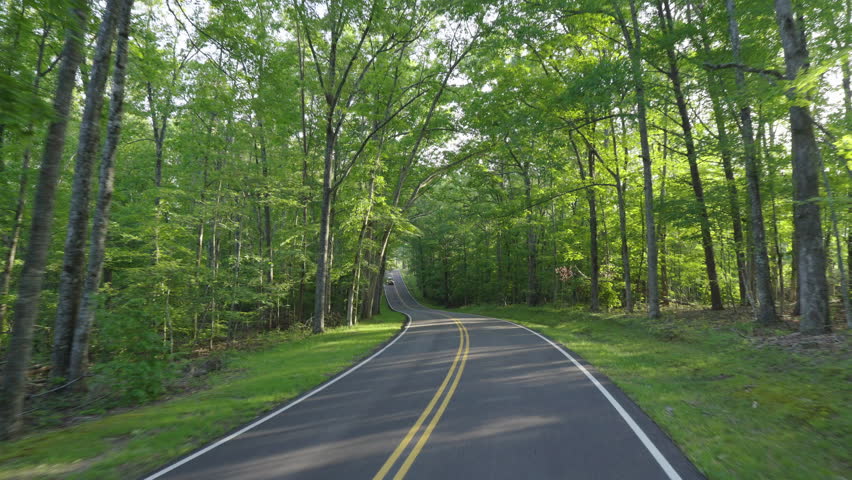Mountain pass road in North Carolina Appalachian mountains, USA. POV car driving on Blue Ridge Parkway in summer season