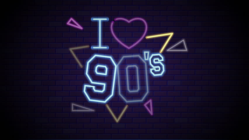 loop animation of a neon sign reading i love 90s. I love 90s neon sign glowing retro declaration, perfect for nostalgic content, music posters, vintagethemed designs, and social media graphics.