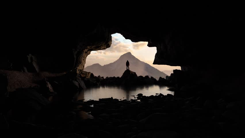 Lone Explorer Gazing at Majestic Mountain Through a Mystical Cave Entrance at Sunset