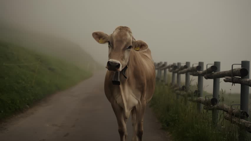 Cow standing on a foggy mountain path in the Swiss Alps