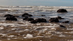 Close view of textured reef rocks and shallow water at Costa Ballena, revealing marine growth and sculpted shapes in the sand - Powered by Shutterstock - Get 15% off with code: PIKWIZARD15