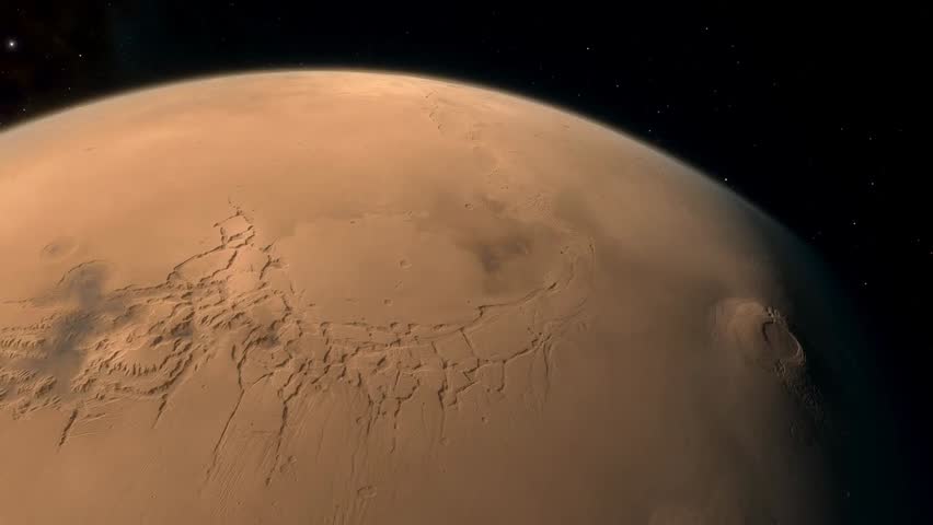 Orbit around Mars showcasing detailed surface features, including the vast Valles Marineris canyon, rugged terrain, and the planet’s red-hued landscape in stunning cosmic perspective.
