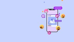 Animation Of A Smartphone Surrounded By Social Media Icons And Emojis, Symbolizing Online Engagement, Audience Growth, Digital Marketing Strategies, And Modern Promotional Content With Copy Space. - Powered by Shutterstock - Get 15% off with code: PIKWIZARD15