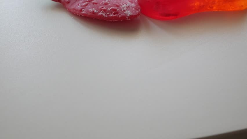 Close-up of gummy fruit shaped candy, colorful and sweet