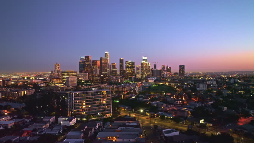 Los Angeles night aerial motion. LA downtown night motion. Los Angeles downtown night view. LA night cityscape video. LA skyline with city lights.