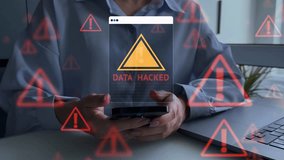 Cybersecurity warning concept depicting scam alerts, system hacks,  digital threats, emphasizing data protection, online safety, and monitoring in a high-tech, virtual screen. - Powered by Shutterstock - Get 15% off with code: PIKWIZARD15