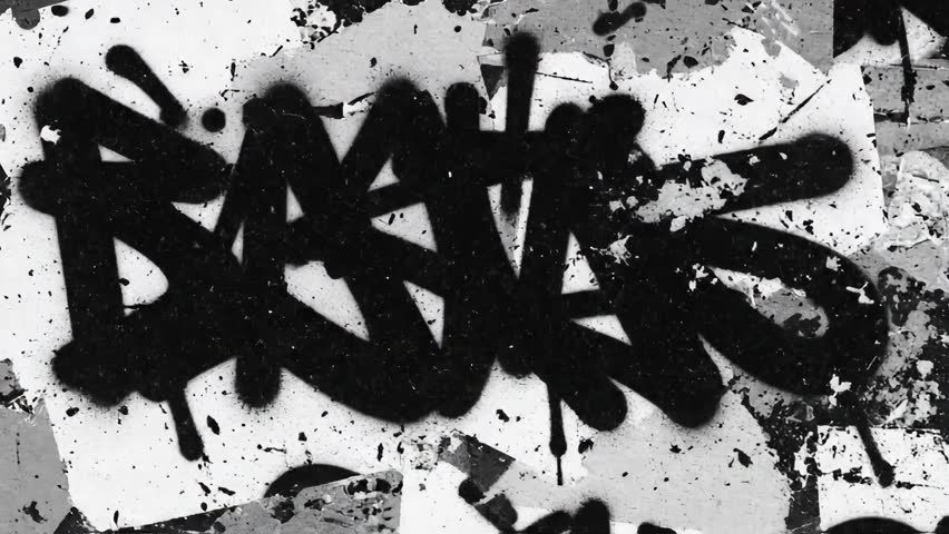 Dynamic Black and White Graffiti Art on Textured Wall.
