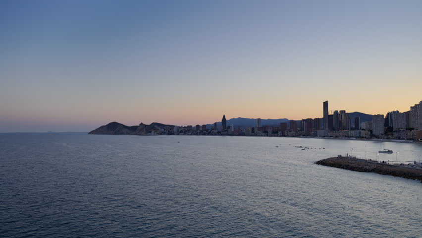 Sunset panorama of the Benidorm skyline from the Balcon del Mediterraneo in Benidorm, Spain in the evening