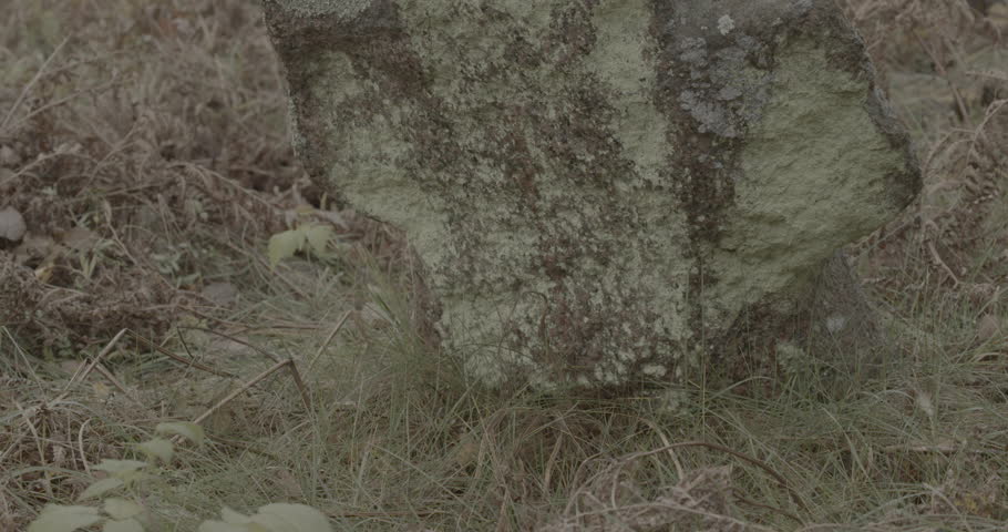 Old Stone Cross In Ancient Graveyard. Slavic Orthodox tombs burials. Babtsy, Vitebsk Region, Belarus. Ungraded C-LOG 2, ungraded, canon c-log