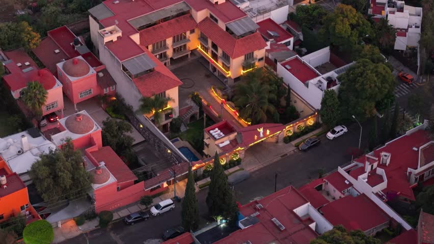 Aerial shot of decorated houses in a traditional Mexico City neighborhood