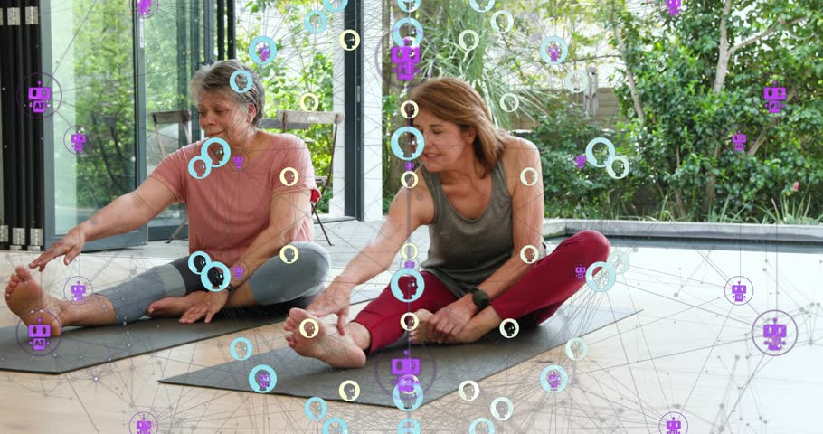 Two women doing yoga stretches on sunroom mats starting via glances overlay animating across scene. Duo, friendship, stretching, flexibility, wellness, serenity, garden