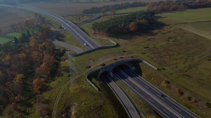 Ecoduct providing safe passage for wildlife over a german autobahn highway, seen from above. Nice aerial view flight circle drone footage