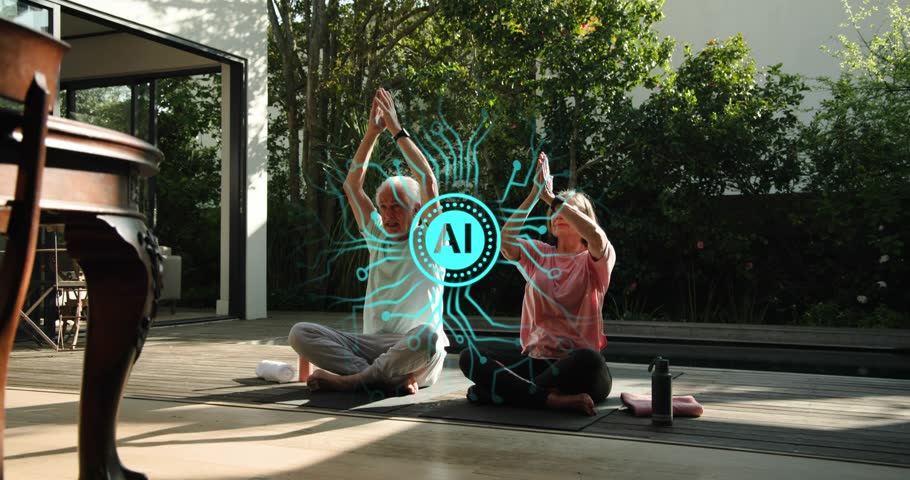 AI graphic appearing overlaying center, senior couple moving on mats through meditation for health. Yoga, wellness, pair, mindfulness, outdoor, patio, sunlit