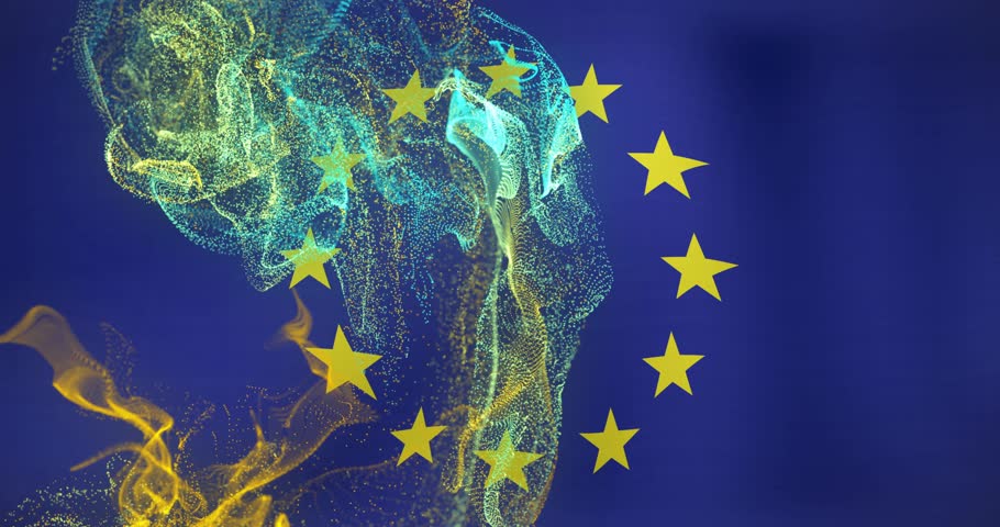 Particle cloud appearing behind ring of twelve yellow stars, swirling upward, revealing emblem. Circle, motion, digital, abstract, celestial, ribbons, filaments