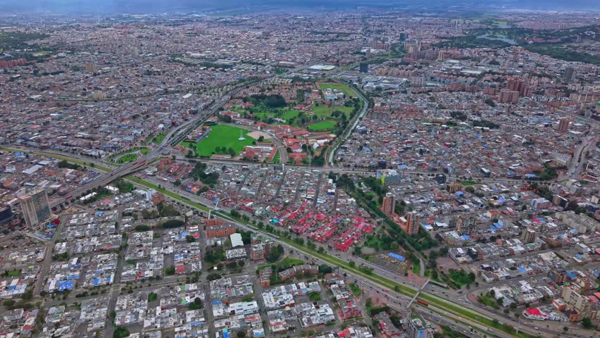 Aerial view of Bogota city, Colombia, showing urban landscape and roads