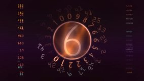 Abstract Floating Numbers Timers Digital Background. A striking abstract video featuring a luminous golden sphere encircled by a ring of numerals, set against a dark, digital toned background. - Powered by Shutterstock - Get 15% off with code: PIKWIZARD15