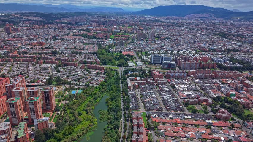 Aerial view of Bogota showcasing urban landscape and river path