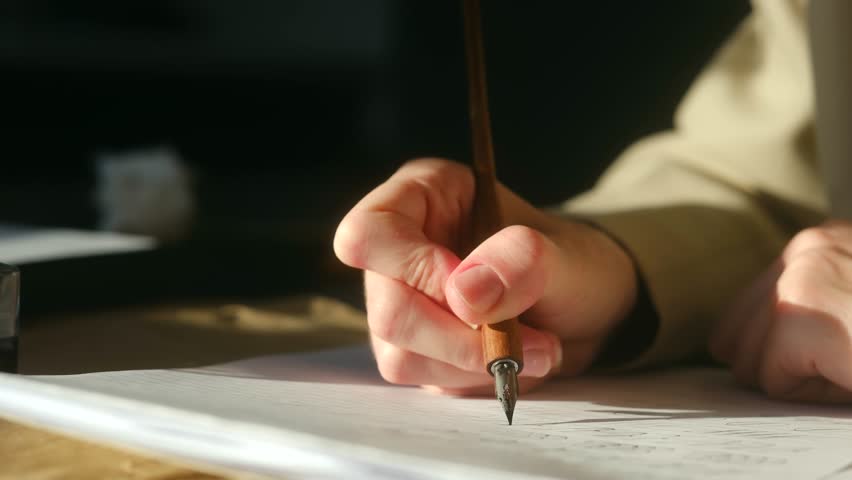Close up view of a hand carefully writing script on a piece of paper using a traditional dip pen with a wooden handle, illuminated by natural sunlight from a window for a warm, classic feel