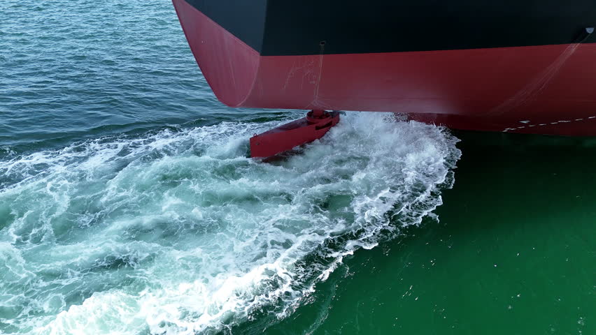 Propeller of large ship underwater spinning power working and water splash contrail . Close up image detail of Propeller ship, Logistics Transportation industry express technology of ship. Freight