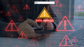 Cybersecurity warning concept depicting scam alerts, system hacks, digital threats, emphasizing data protection, online safety, and monitoring in a high-tech, virtual screen. - Powered by Shutterstock - Get 15% off with code: PIKWIZARD15