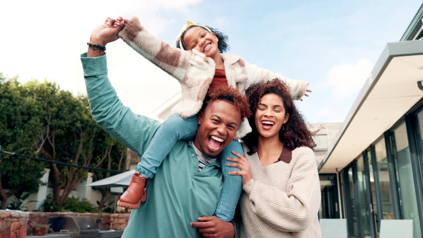 Shoulder, carry and face of parents with child outdoor for playing, bonding and fun on weekend. Family, low angle and portrait of mom, dad and kid for love, playful relationship and happy in backyard
