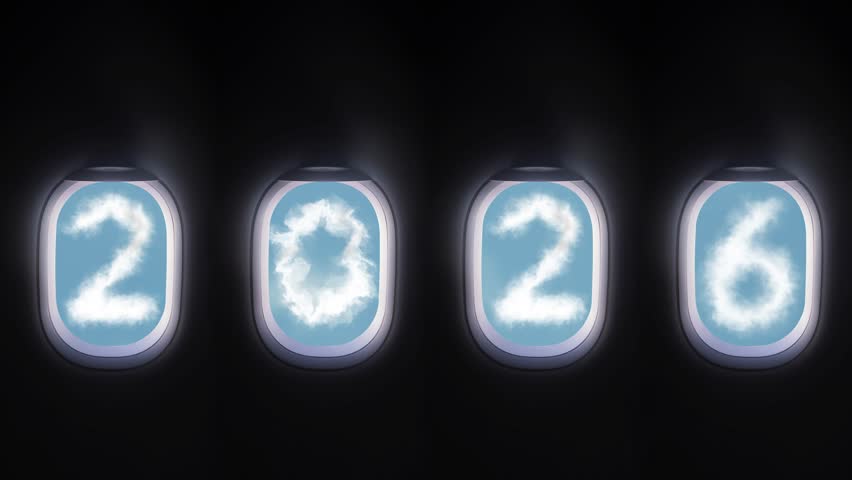 4K looping. cloud 2026 outside the plane window, four airplane windows open white window shutter wide with blue sky view and white cloud in 2026 shape - Powered by Shutterstock - Get 15% off with code: PIKWIZARD15