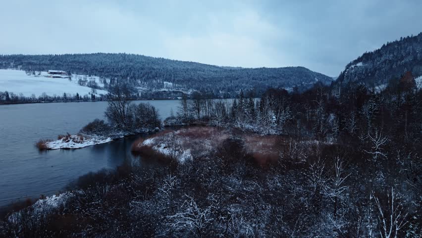 Aerial view of Lake Brenet surrounded by snow-covered trees and mountains, creating a stunning contrast between the water and the winter landscape, Lake Brenet, Vaud, Switzerland.