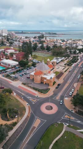 Vertical aerial footage showing a slow advance towards the St Francis Xavier Cathedral in Geraldton, Perth, Western Australia