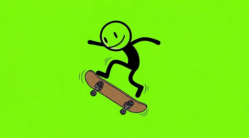 Minimalist stickman riding a skateboard while performing a trick, animated in clean thin black line art style on a bright chroma key green screen background.