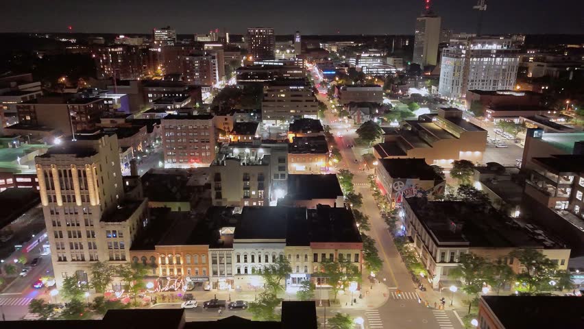 Aerial night view of Ann Arbor downtown with First National Building and Federal Building