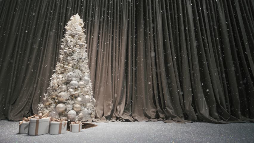 Elegant White Christmas Tree with Gifts and Falling Snow Indoors