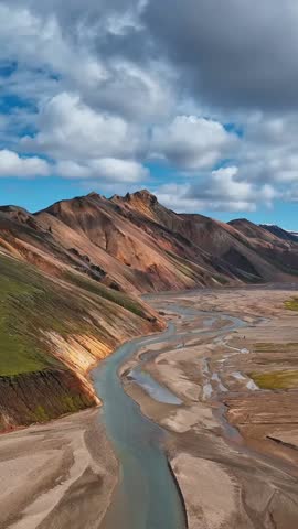 Aerial view of glacial river in beautiful Iceland’s highlands with mountains.