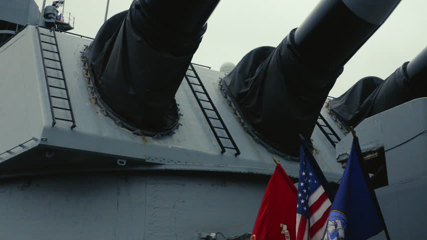 Camera Tilt Up Showing Underside of Navy Ship Guns