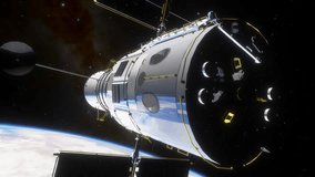 Closeup animation of a space telescope orbiting Earth, showcasing detailed structure, solar panels, and scientific instruments in a dynamic, realistic space environment. - Powered by Shutterstock - Get 15% off with code: PIKWIZARD15