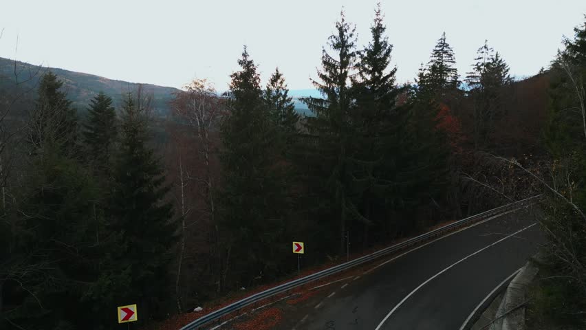 Countryside Road Overlooking Mountain Range Covered In Autumn Forest Trees. Aerial Drone Shot