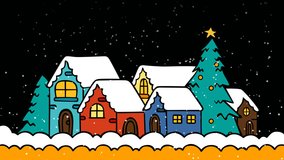 A peaceful snowy Christmas village scene at night featuring colorful houses, glowing windows, and a decorated tree. Falling snow adds a magical holiday atmosphere, perfect for festive footage - Powered by Shutterstock - Get 15% off with code: PIKWIZARD15