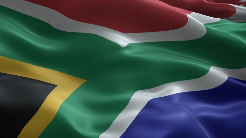 A realistic, detailed close-up of the vibrant National Flag of the Republic of South Africa (the six colors representing unity and diversity) waving in the wind. This footage is a high-quality, seamle