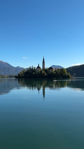 Lake Bled Slovenia, church on an island in the middle of the lake.