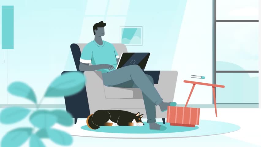 Couple relaxing on sofa with laptop – animated remote work lifestyle, modern home, relaxation, digital work environment, cozy living space - Powered by Shutterstock - Get 15% off with code: PIKWIZARD15