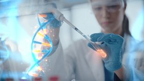 Female Geneticist in Goggles Pipettes Solution Between Test Tubes Beside DNA Helix Hologram, Precision Biotechnology Research. Visualizing Personalized Gene Therapy in Laboratory - Powered by Shutterstock - Get 15% off with code: PIKWIZARD15